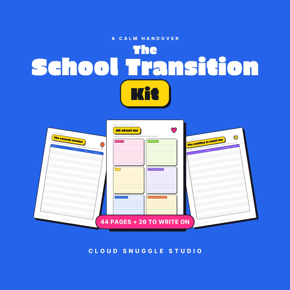 The School Transition Kit, a school transition kit printable from Cloud Snuggle Studio. 44 pages, 26 of them to write on. Printable and fillable PDF, A4 and US Letter, color and ink friendly. Instant digital download.