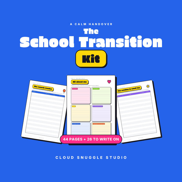 The School Transition Kit, a school transition kit printable from Cloud Snuggle Studio. 44 pages, 26 of them to write on. Printable and fillable PDF, A4 and US Letter, color and ink friendly. Instant digital download.
