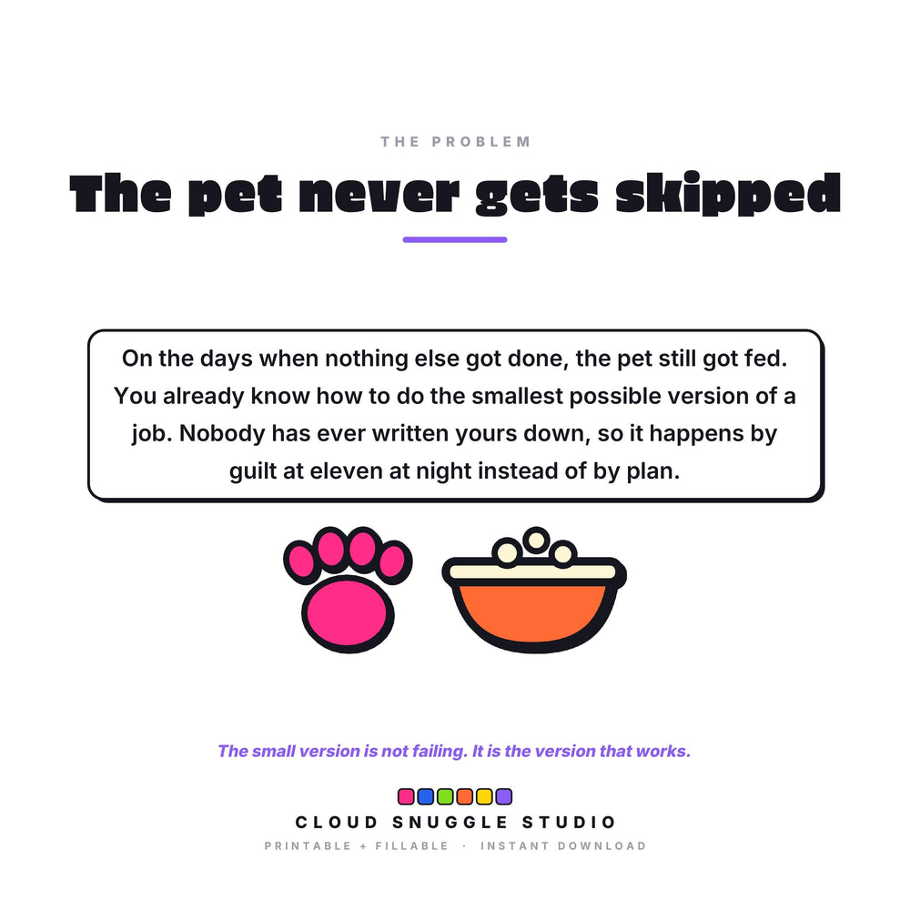 Why Fed and Walked exists, the everyday problem it was made for. A printable and fillable PDF from Cloud Snuggle Studio.