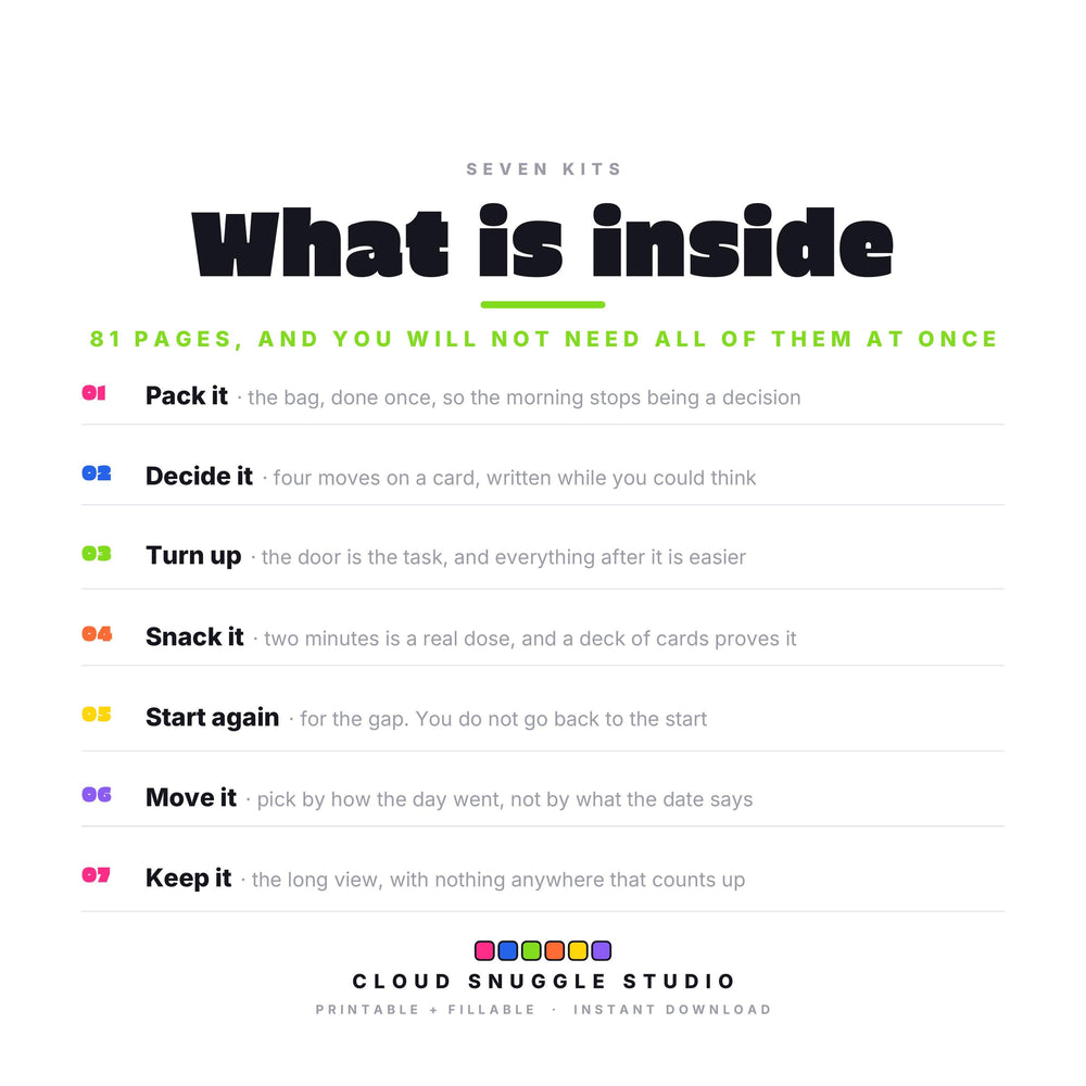What's inside Sets, Not Streaks, section by section. A printable and fillable PDF from Cloud Snuggle Studio.