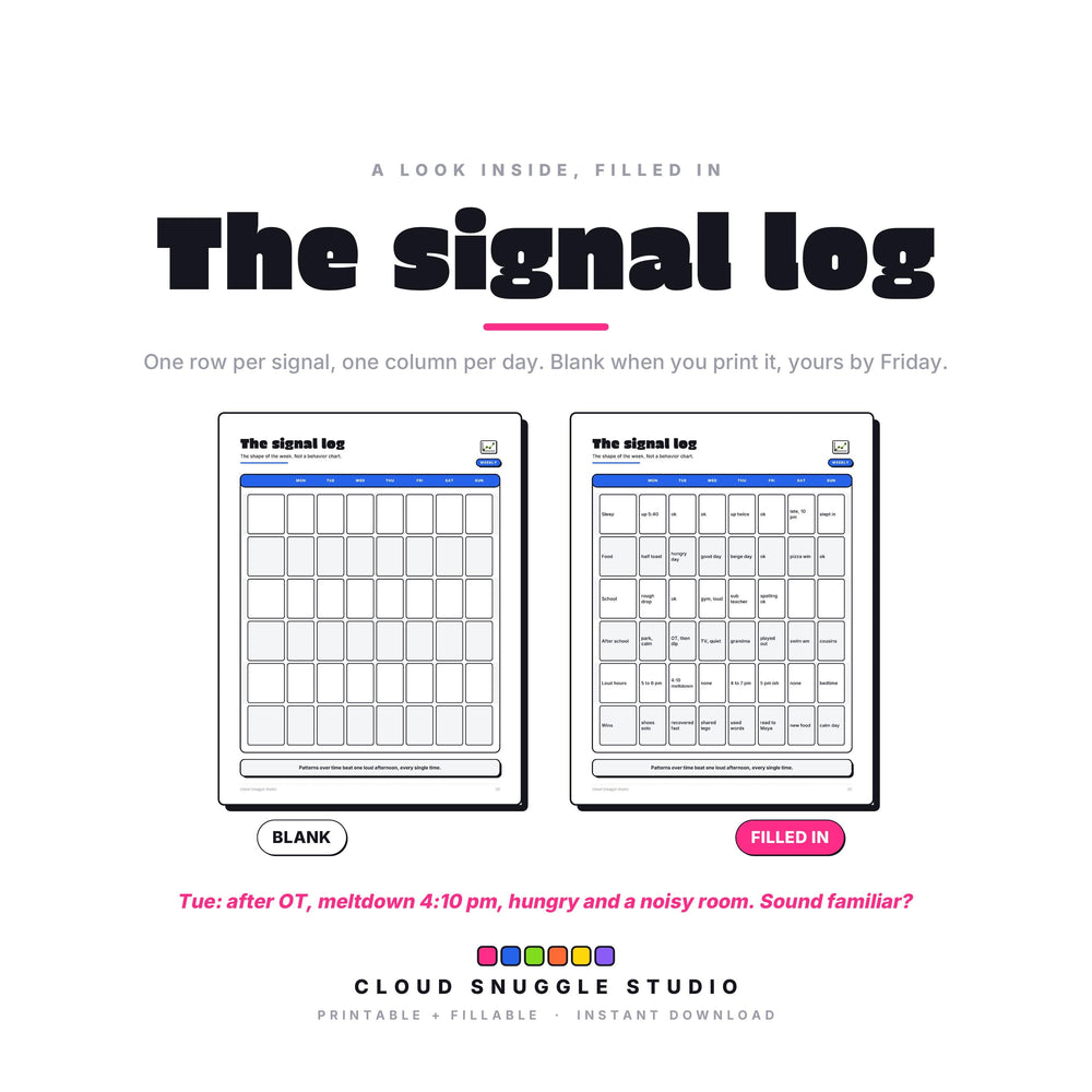 Three real pages from The Advocate's Planner: What they take, The signal log, The paper trail. An IEP advocacy planner for parents, shown full size so you can see the layout before you buy.