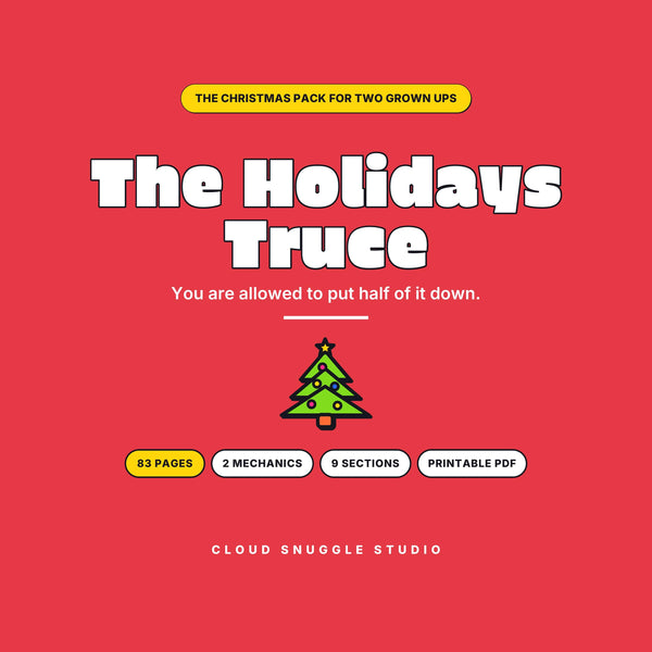 The Holidays Truce, a Christmas planner printable for couples from Cloud Snuggle Studio. 83 pages, 70 of them to write on. Printable and fillable PDF, A4 and US Letter, color and ink friendly. Instant digital download.