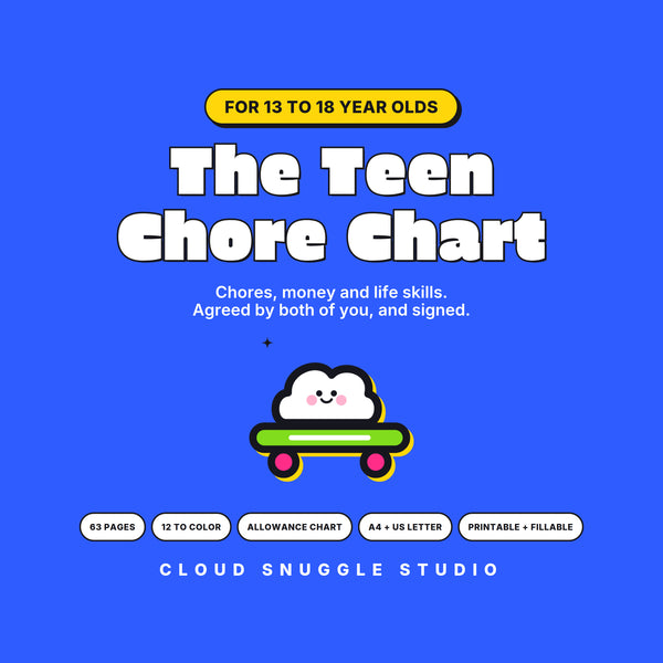 Hero image for The Teen Chore Chart, a printable chore chart for 13 to 18 year olds, with a cloud on a skateboard, 63 pages, allowance chart, A4 and US Letter, printable and fillable.